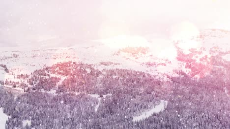 Digital-animation-of-spots-of-light-against-snow-falling-over-winter-landscape