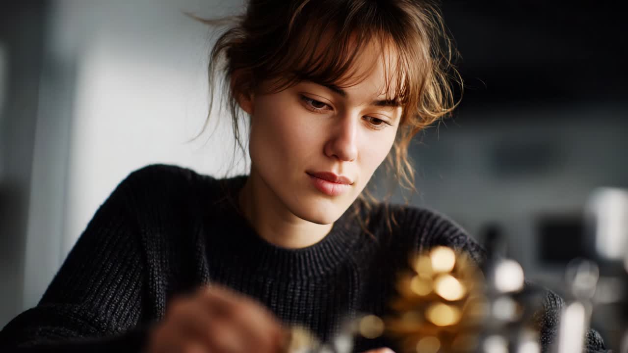 A Thoughtful Young Woman Engaged in an Introspective Moment, Exploring the Depths of Her Creativity as She Works with Intricate Objects on a Table, Capturing the Essence of Focus and Inspiration