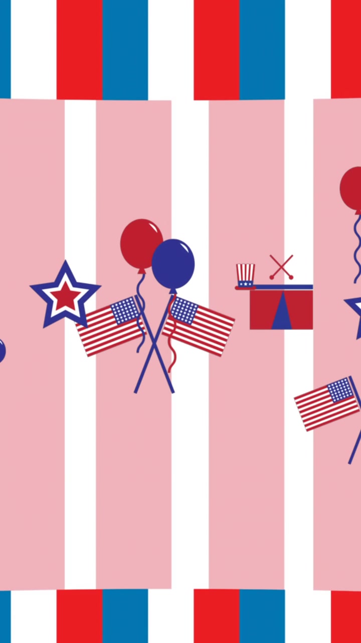 Animation of ballons, stars and hats moving over american flag