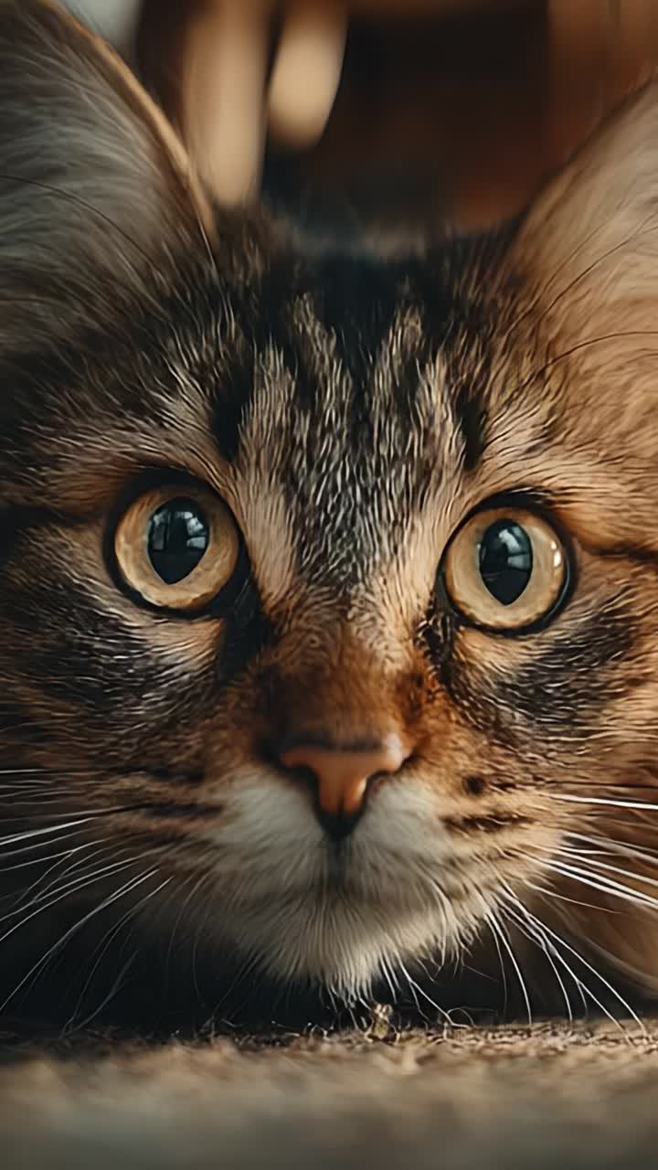 Captivating Close-Up of a Playful Cat's Face, Showcasing Its Striking Features and Expressive Eyes in a Cozy Indoor Environment