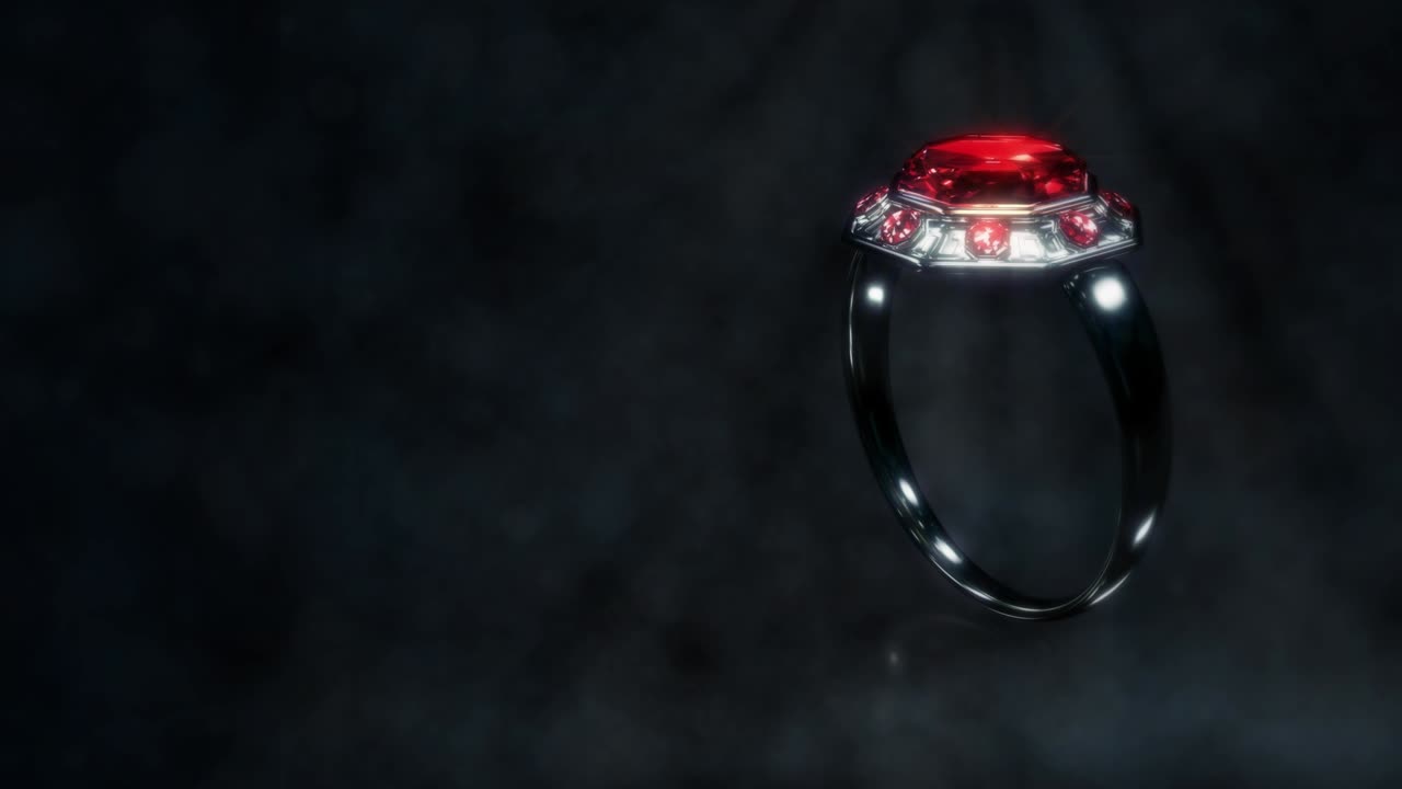 Shining dark metal ring with red ruby jewel rotate, fictive - loop video