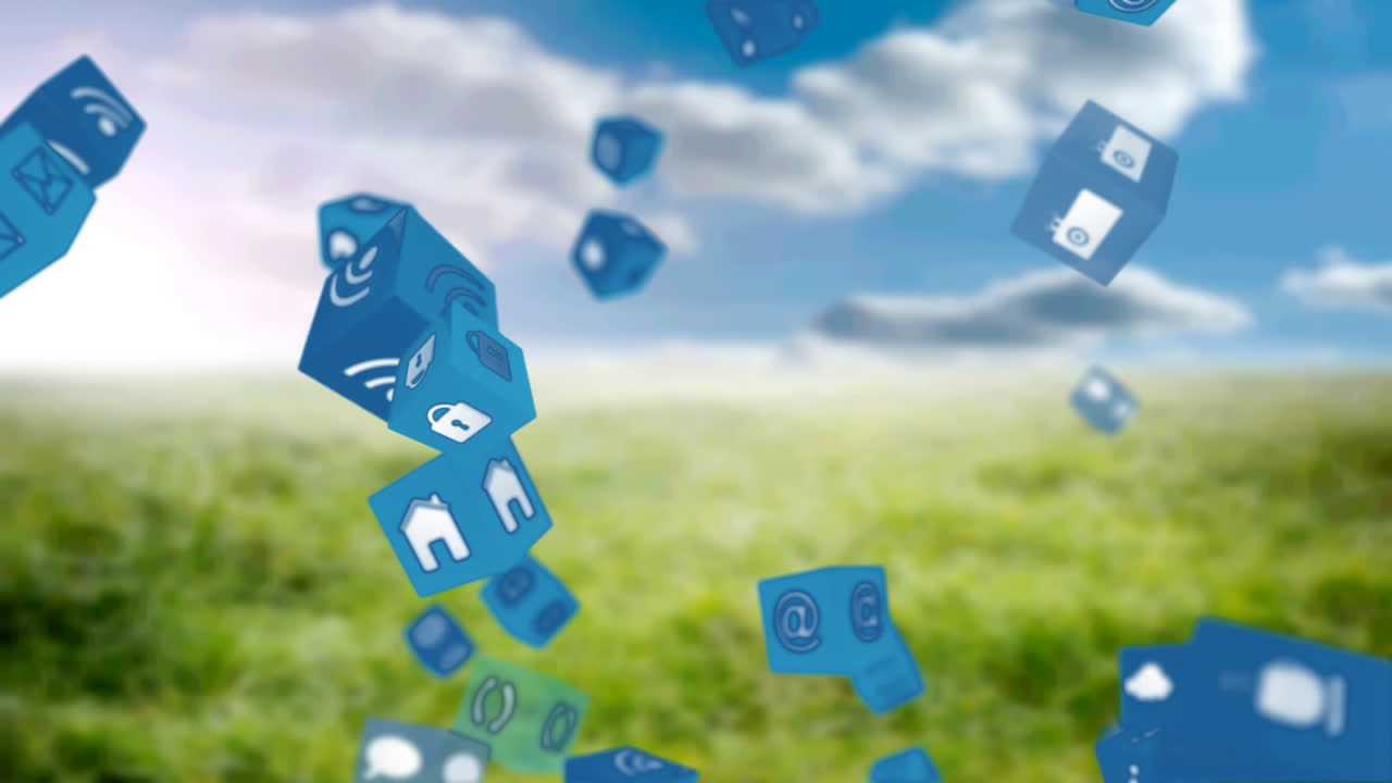 풍경 위에 떠다니는 디지털 아이콘의 애니메이션