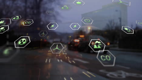 animation of eco icons with data processing over cityscape