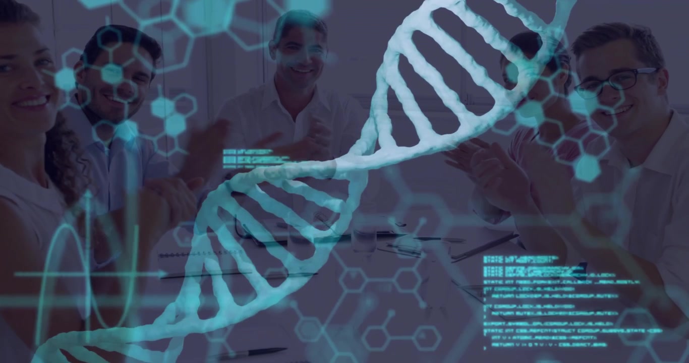 Business team applauding as DNA helix emerging connecting molecules and pushing code to background