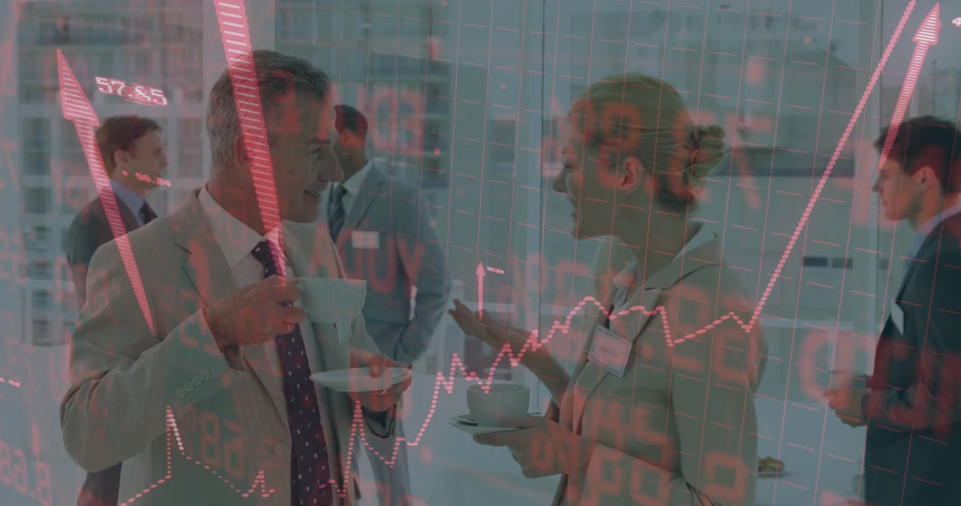 Networking break initiating woman and man sipping coffee in office as red financial charts spiking