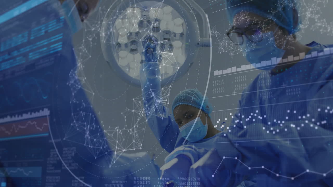 In surgery, medical professionals working with data processing animation overlay