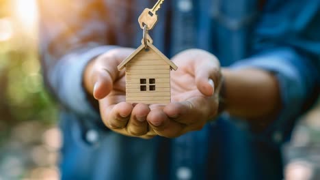 person holding a wooden model house with key