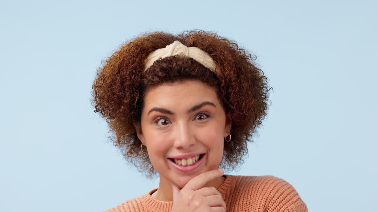 Model, studio, portrait and happy with comic face