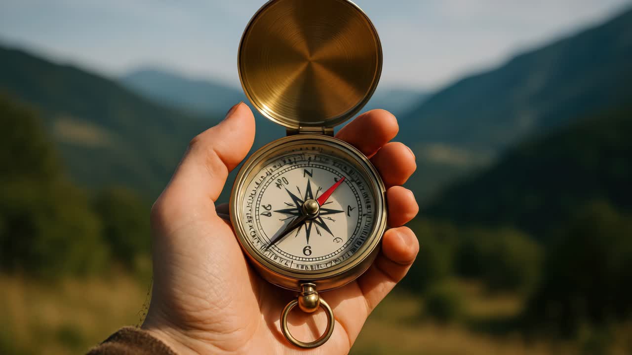 Close-up of a hand holding a compass against a blurred mountain backdrop