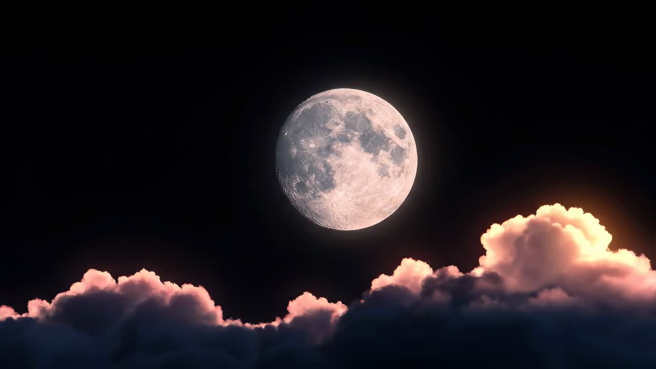 Luna llena sobre las nubes, capturada en una dramática toma de ángulo bajo, perfecta para un video de cielo nocturno.