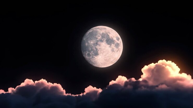 Lua cheia acima das nuvens, capturada em um plano dramático de ângulo baixo, perfeita para um vídeo de céu noturno