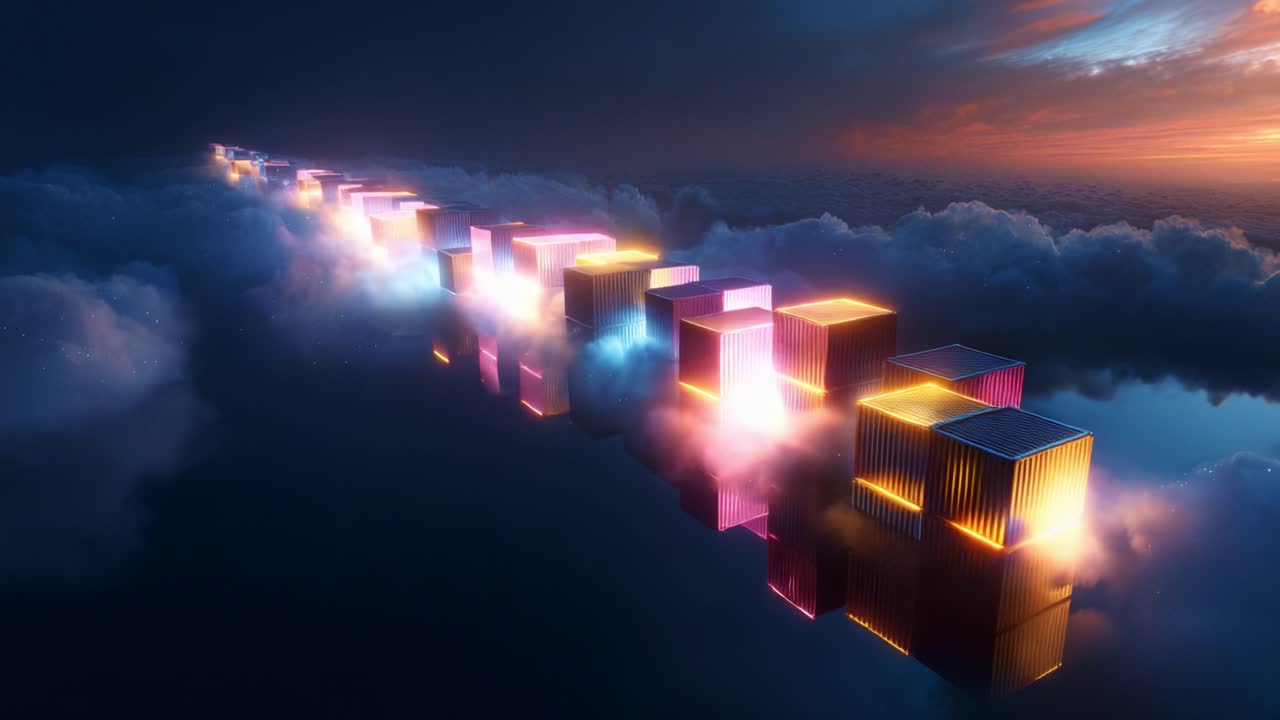 A mesmerizing path of luminous containers floats above a cloud-covered expanse, reflecting vibrant colors in an ethereal display of light and serenity at dusk