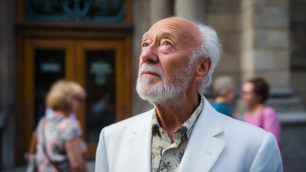 A Thoughtful Elderly Man Gazes Upward, Captured in the Moment of Reflection Amidst a Bustling Crowd, Emphasizing the Contrast Between Solitude and Social Engagement in Everyday Life