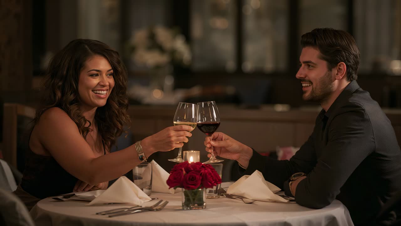 Coppia sorridente in abito da sera e completo che brinda durante un appuntamento, alzando e poi sorseggiando vino, ristorante