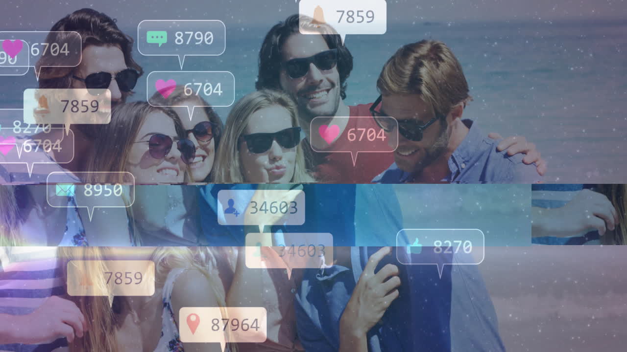 Taking selfie, group of friends with animation of social media notifications