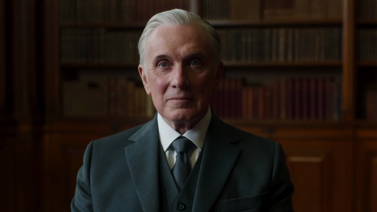 Portrait of a distinguished older man in a suit in a library