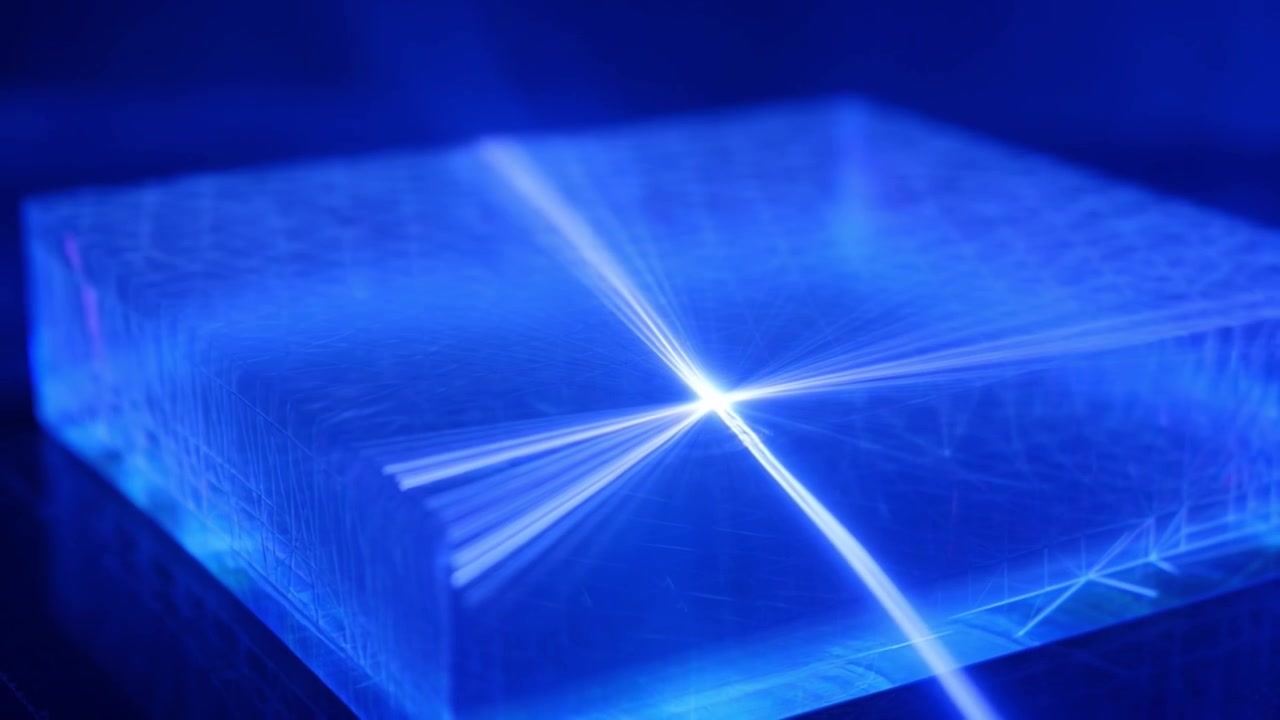 Luce laser che si rifrange attraverso un blocco geometrico trasparente