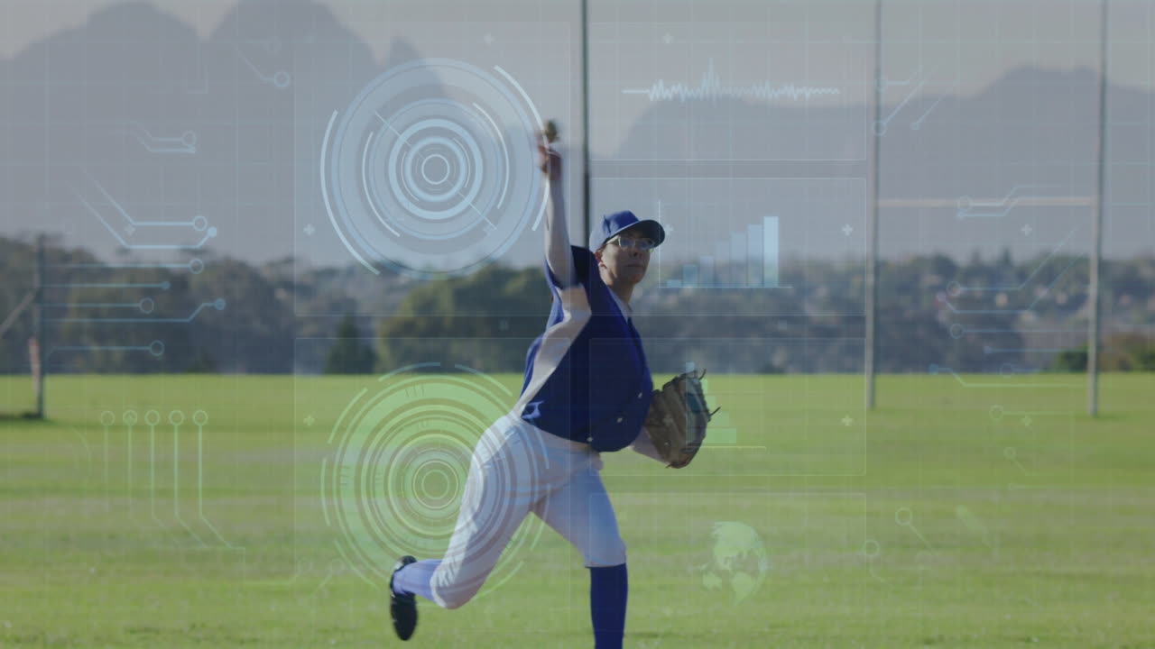Baseball player pitching on field with data processing animation overlay