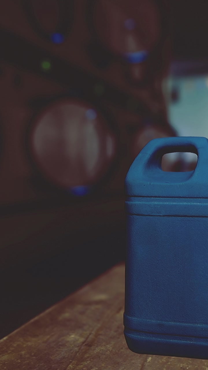 Un frigorifero portatile blu si trova su un tavolo di legno in una cantina durante le ore serali.