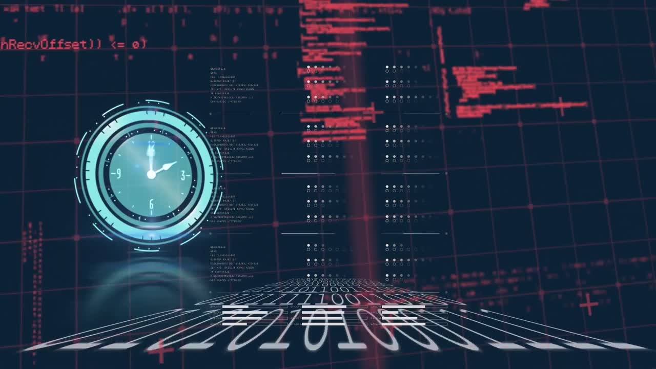 animación del reloj, codificación binaria y procesamiento de datos en pantalla