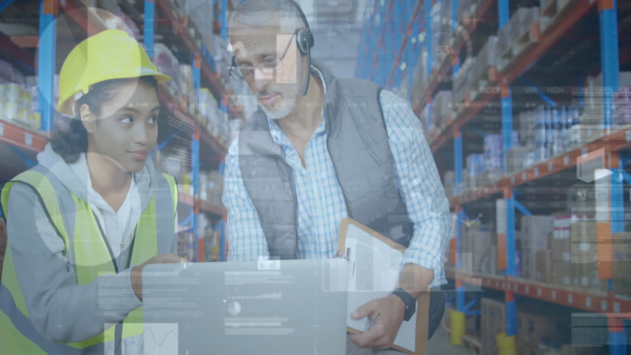 animación de estadísticas y procesamiento de datos financieros sobre hombres y mujeres que trabajan en almacenes