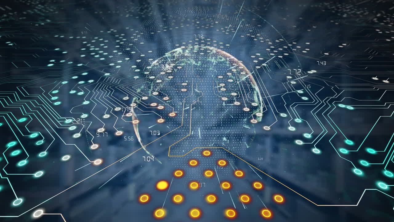 Animatie van computercircuit met wereldbol en dataverwerking boven magazijn
