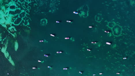 top down aerial view of numerous boats anchored in shallow waters