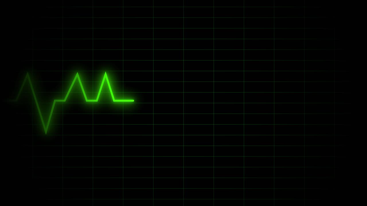 Animeret grøn EKG-linje på mørk gitterbaggrund.
