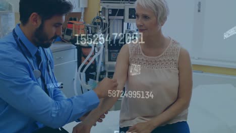 animación de estadísticas e información con el médico masculino que vacuna a la mujer
