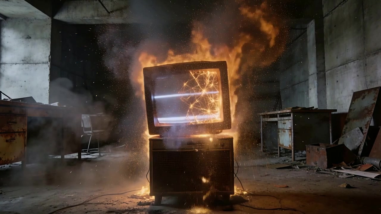 TV CRT com estática crepitante e faíscas queimando em um armário baixo em uma sala de concreto deteriorada, emitindo fumaça
