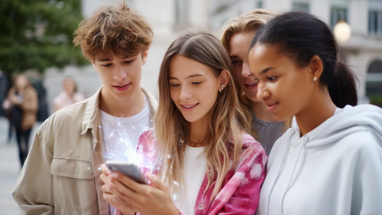 Group of Friends Engaged in Exciting Interaction, Captivated by a Smartphone as Magical Effects Emerge, Showcasing Connectivity and Joy in a Modern Urban Setting