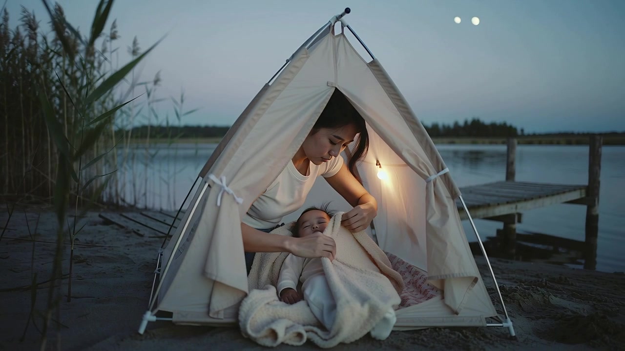 Al crepuscolo, madre in maglietta rimbocca la coperta al neonato in una tenda illuminata da una lampada sulla riva del lago per farlo riposare