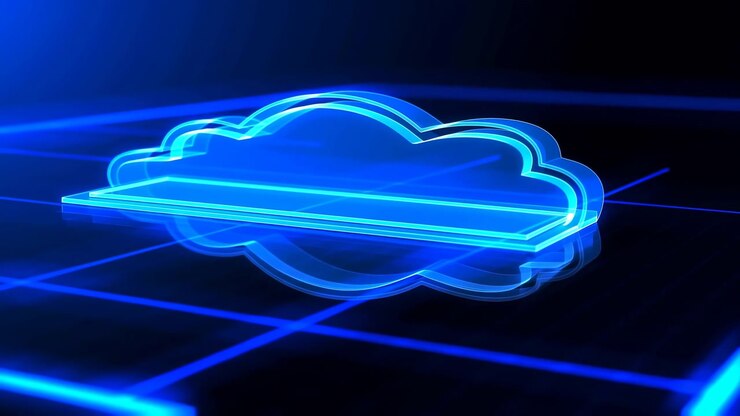 Layered cyan and electric blue contours expand upward frame by frame into a bright cloud-shaped emblem, hovering over glossy grid lines in a dark illuminated digital environment.