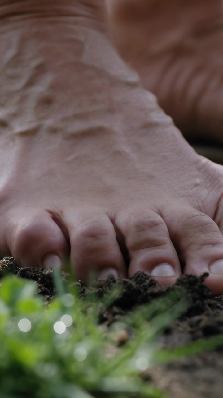 Vertical video: Lowering bare foot after weight shift, pressing toes into damp lawn soil with dew