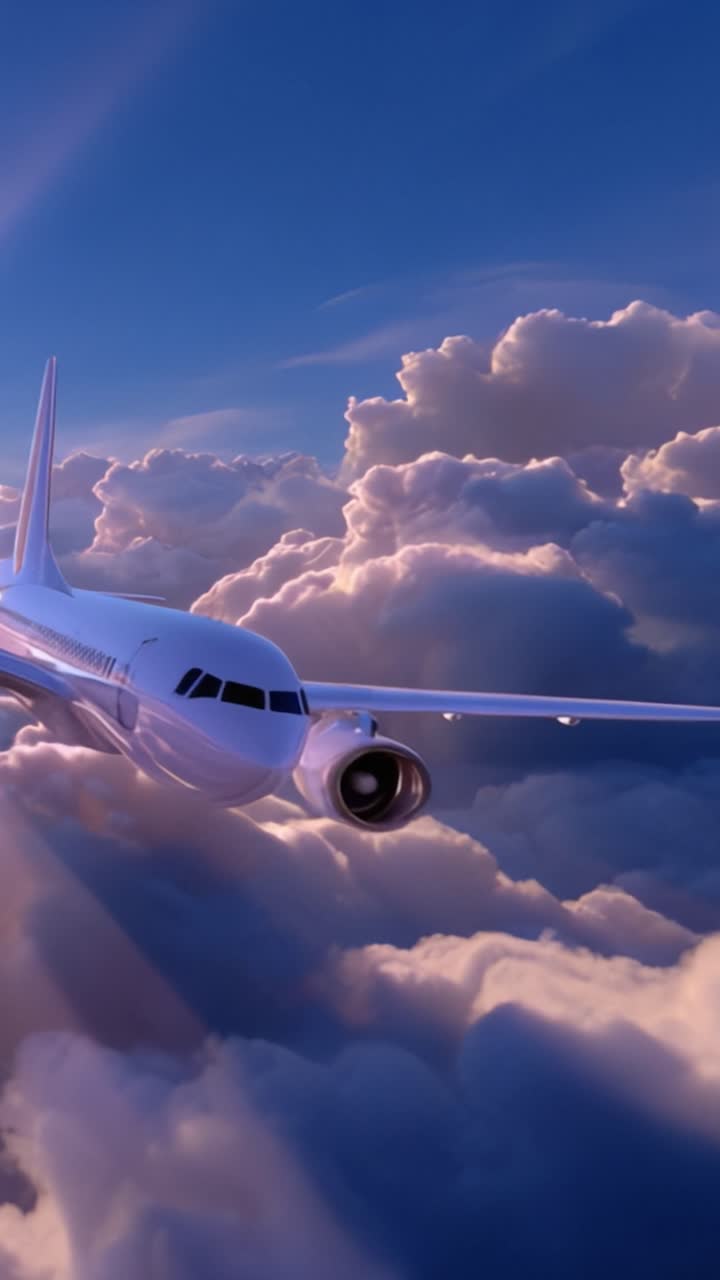 Uno splendido aereo che si libra tra le maestose nuvole al crepuscolo, catturando la bellezza del volo e l'elegante design dell'aviazione moderna.