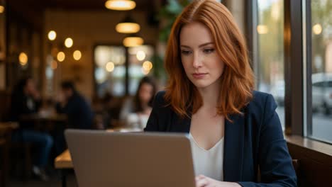 a young woman with striking red hair is immersed in her work at a bustling cafe. dressed in a tailored outfit, she types on her laptop with concentration. the inviting atmosphere features warm lighting and wooden decor, enhancing the cozy vibe. surrounding her are other patrons engaged in various ac