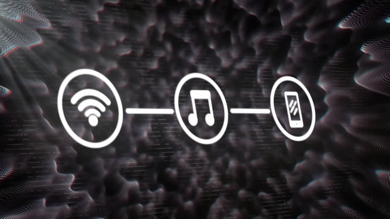 Animation of network of connections with icons over white shapes on black background