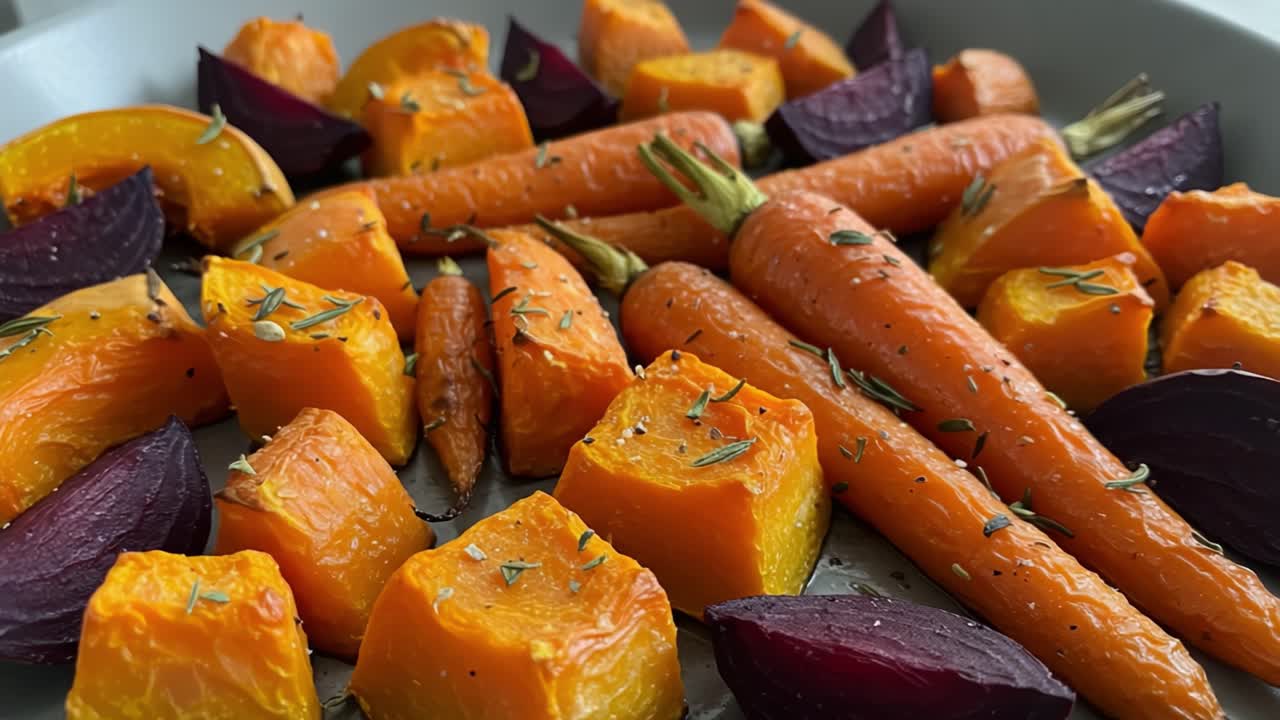 Rostade morötter, butternutpumpa och rödbetor med örter.