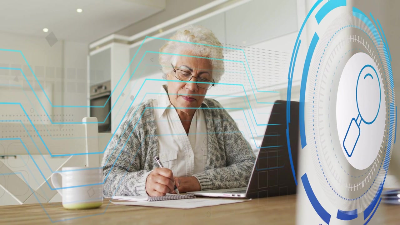 Senior woman writing papers at table while magnifier animating in, HUD scanning, managing finances