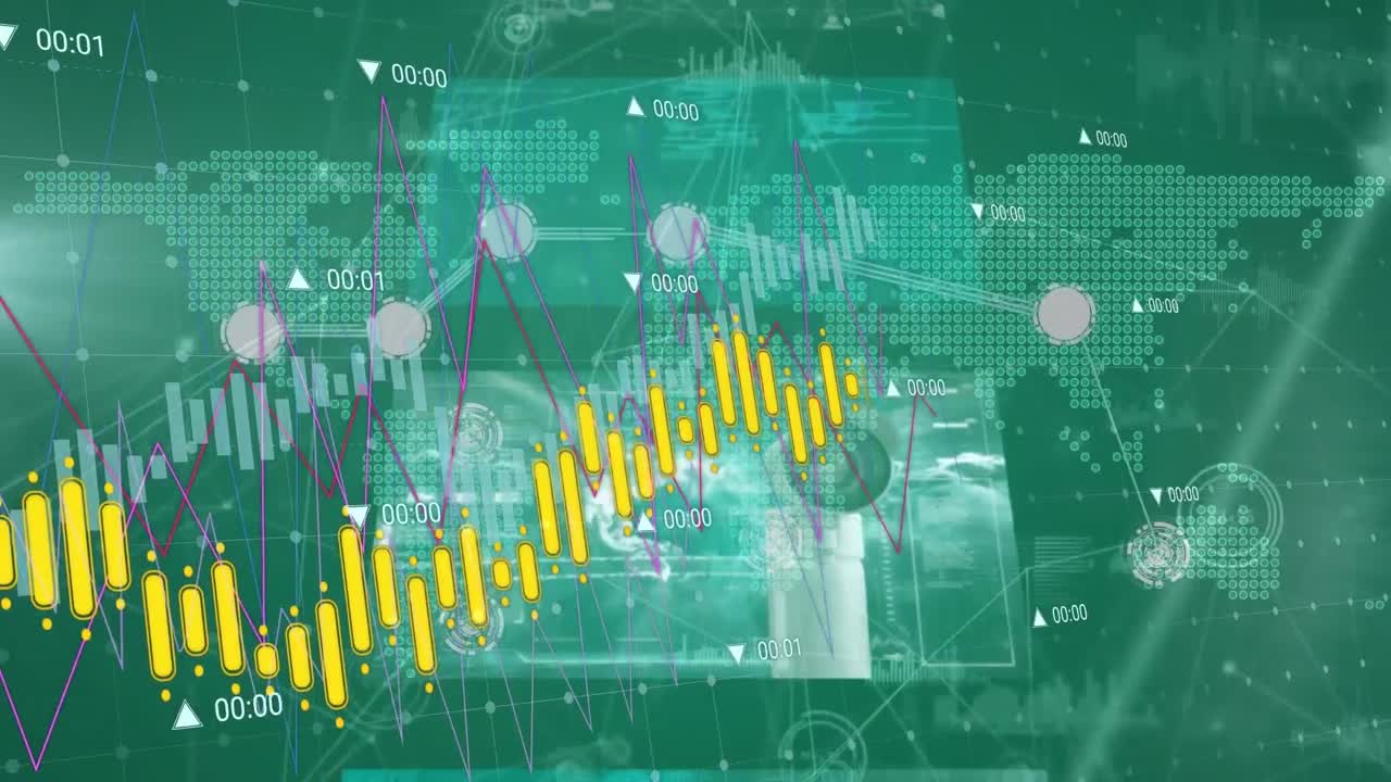 세계 지도를 통해 금융 그래프와 데이터의 애니메이션 및 화면에서 데이터 처리.
