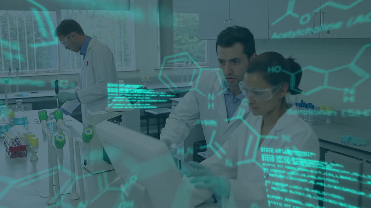 animación de datos científicos sobre científicos caucásicos masculinos y femeninos en el laboratorio
