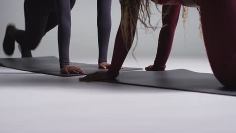 close up studio shot of two women wearing gym fitness clothing facing each other exercising