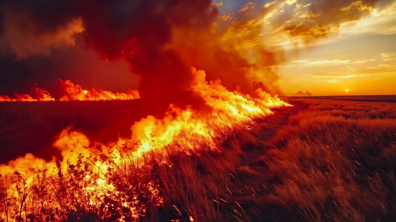 풀이 해가 지면 불꽃에 싸여 있습니다.