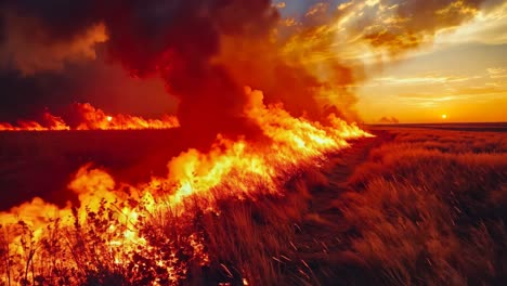 a field of grass is engulfed by flames at sunset