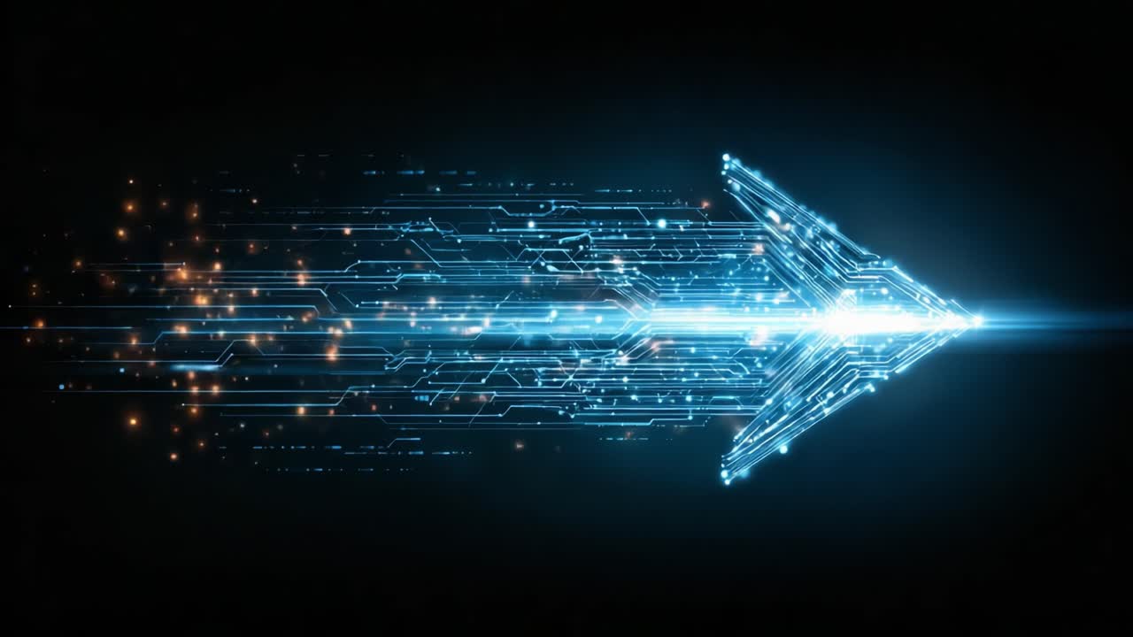 Dynamisk, abstrakt pil med futuristiske kretsmønstre og glødende partikler som representerer teknologisk fremskritt og bevegelse i et digitalt rom