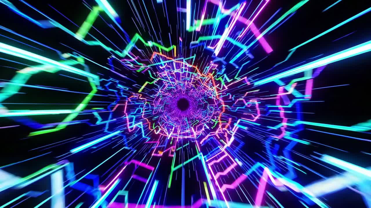 Dynamic visual sequence of vibrant neon lines converging towards a central point, illustrating a captivating motion through a digital vortex of energy and light