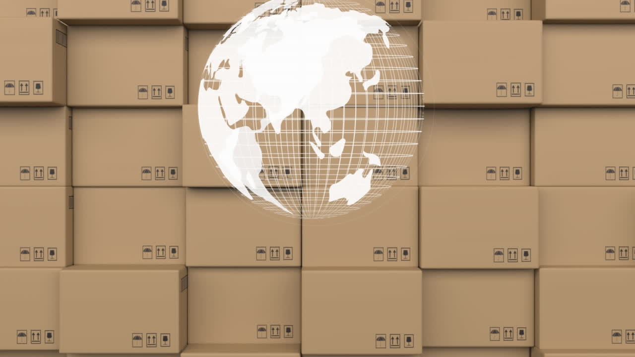 animación del globo girando sobre cajas de cartón en el fondo