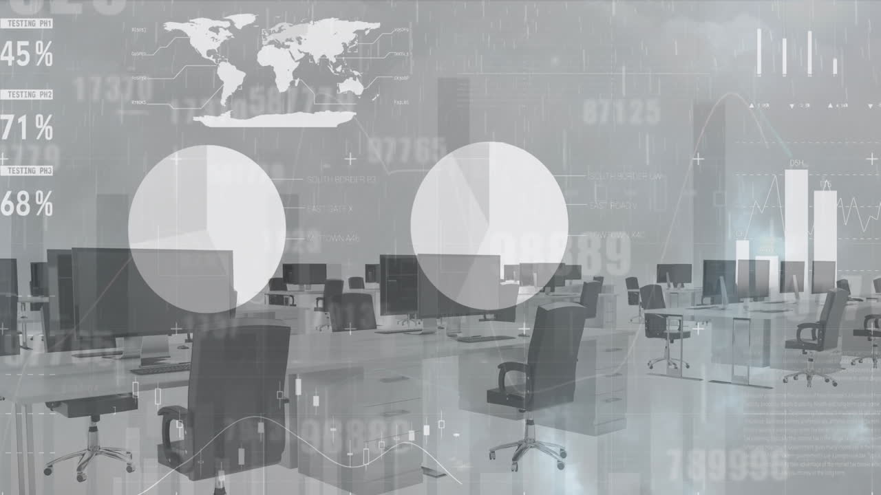 금융 데이터 처리의 애니메이션과 컴퓨터로 사무실 책상 위에 비가 내리는