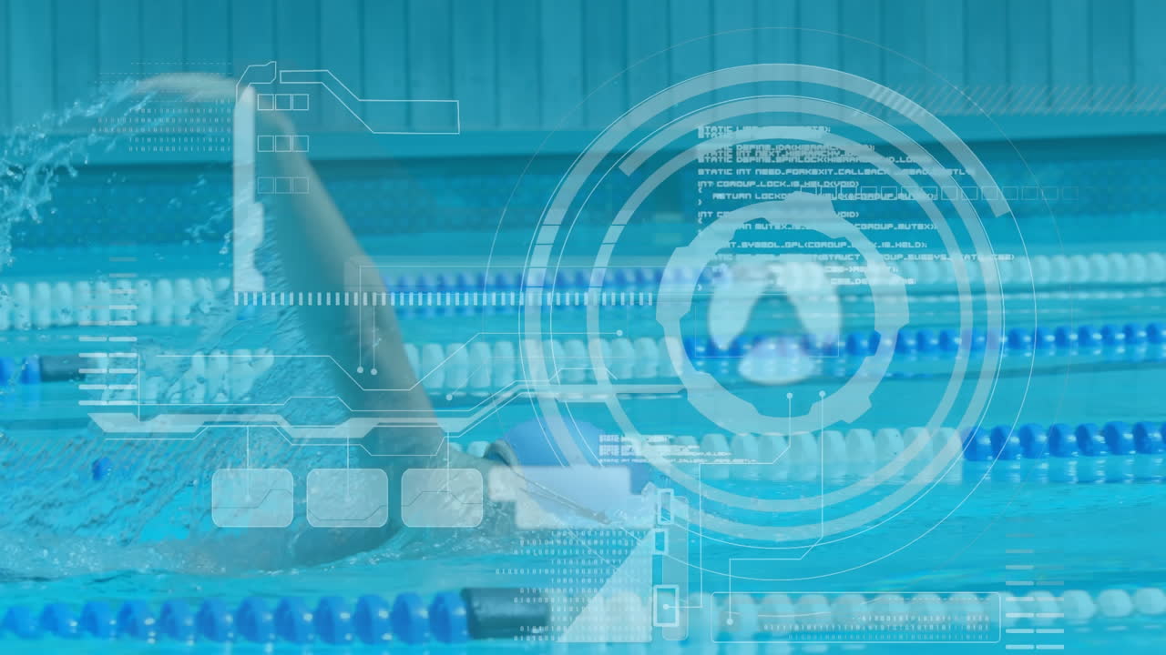 수영장에서 수영하는 남성 수영 선수에 대한 데이터 처리와 디지털 인터페이스