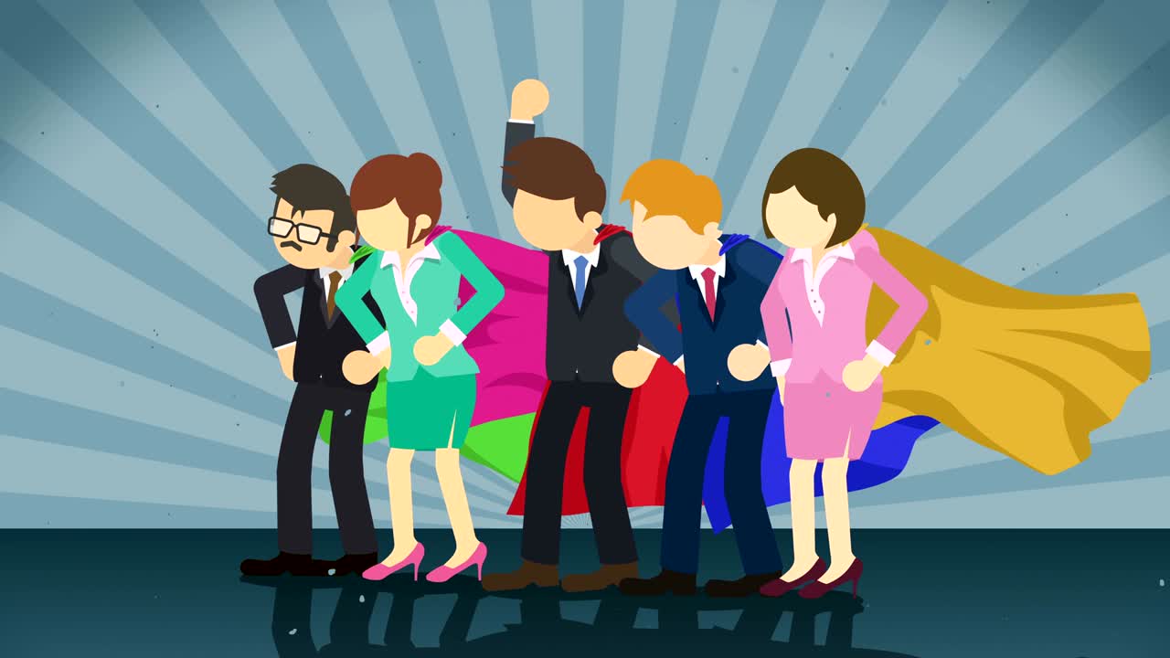 los superhéroes de pie en el fondo de la explosión solar. fondo de rayos de sol. concepto de equipo de negocios. animación de bucle cómico.